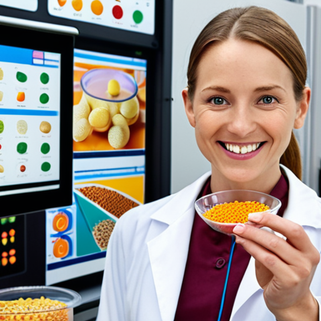 **

A food scientist in a modern laboratory setting, smiling and holding a petri dish containing brightly colored, nutrient-enriched dried food samples. Background: advanced food processing machinery and charts illustrating the preservation of vitamins and minerals in dried foods. Focus on the science and innovation behind healthier dried snacks.

**