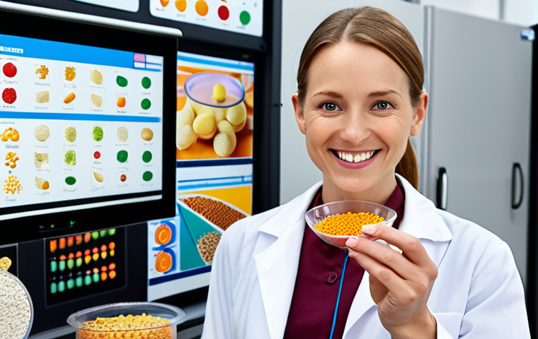 **
A food scientist in a modern laboratory setting, smiling and holding a petri dish containing brightly colored, nutrient-enriched dried food samples. Background: advanced food processing machinery and charts illustrating the preservation of vitamins and minerals in dried foods. Focus on the science and innovation behind healthier dried snacks.
**