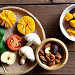 **Prompt 1**: A visually appealing spread of various dried foods on a rustic wooden table, bathed in warm, natural light. The arrangement includes vibrant dried fruits like mango slices, dates, and apple rings, alongside dried vegetables such as spinach flakes, tomato halves, and mushroom pieces, highlighting their preserved colors and textures. The scene evokes a sense of homemade health, nutritional richness, and an abundance of wholesome snacks.