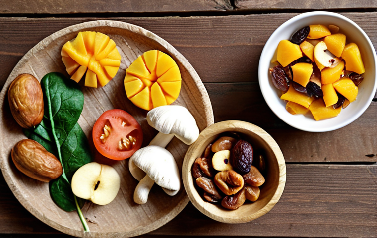 **Prompt 1**: A visually appealing spread of various dried foods on a rustic wooden table, bathed in warm, natural light. The arrangement includes vibrant dried fruits like mango slices, dates, and apple rings, alongside dried vegetables such as spinach flakes, tomato halves, and mushroom pieces, highlighting their preserved colors and textures. The scene evokes a sense of homemade health, nutritional richness, and an abundance of wholesome snacks.