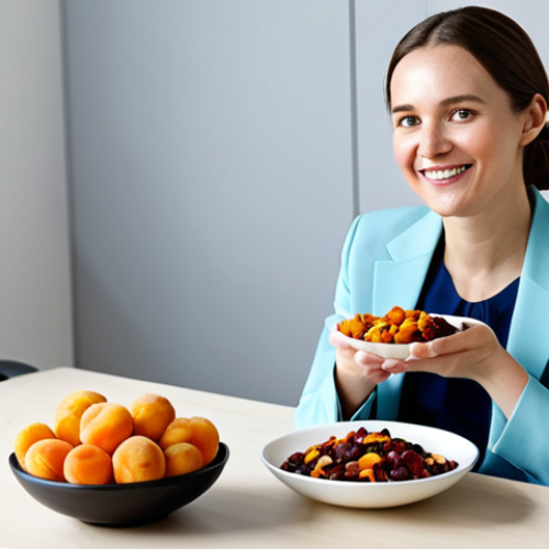 Home 8 A professional woman, fully clothed in a modest, contemporary business outfit, seated at a clean, well-lit modern office desk. She holds a small, elegant bowl filled with a colorful mix of dried fruits like apricots, dates, and raisins, alongside some dried vegetable crisps. She has a gentle, positive expression. perfect anatomy, correct proportions, natural pose, well-formed hands, proper finger count, professional photography, high resolution, soft natural lighting, vibrant colors, safe for work, appropriate content, fully clothed, modest, family-friendly.