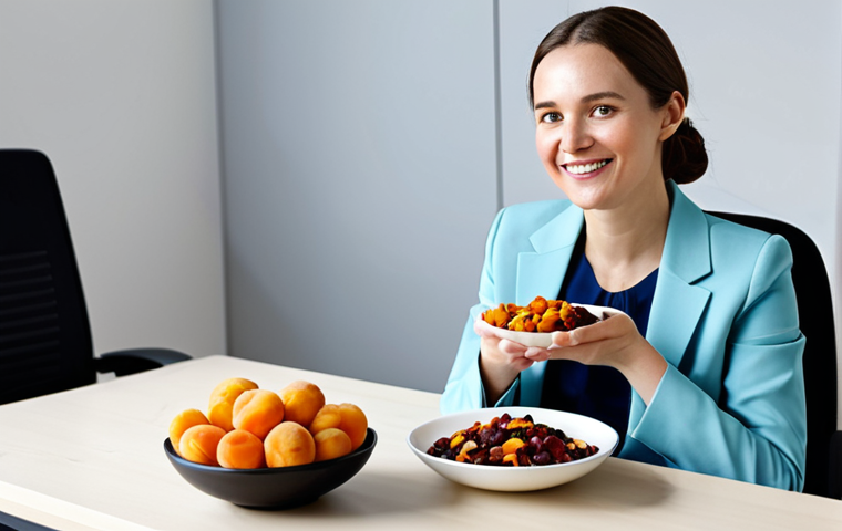 A professional woman, fully clothed in a modest, contemporary business outfit, seated at a clean, well-lit modern office desk. She holds a small, elegant bowl filled with a colorful mix of dried fruits like apricots, dates, and raisins, alongside some dried vegetable crisps. She has a gentle, positive expression. perfect anatomy, correct proportions, natural pose, well-formed hands, proper finger count, professional photography, high resolution, soft natural lighting, vibrant colors, safe for work, appropriate content, fully clothed, modest, family-friendly.