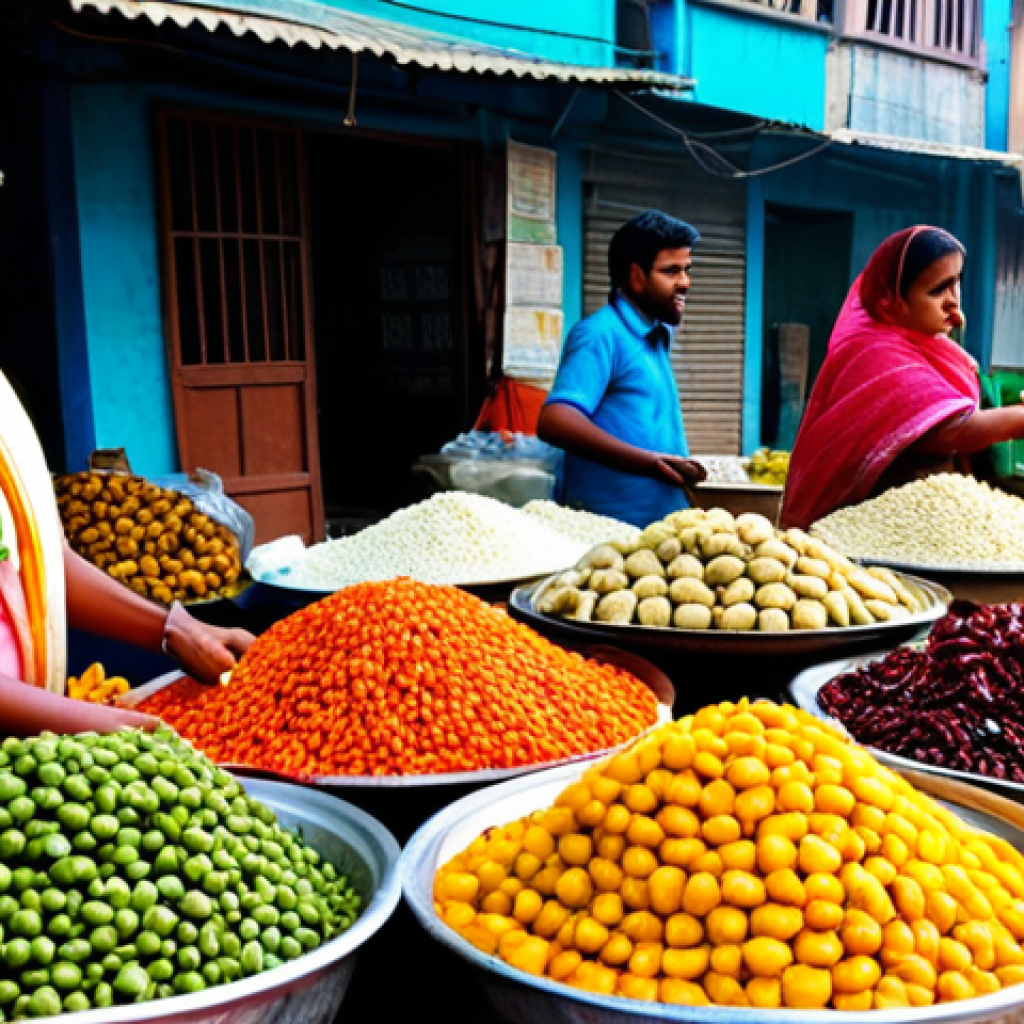 **
A vibrant, bustling scene at a local Bengali market (হাটের দৃশ্য). Vendors are selling colorful dried fruits (শুকনো ফল) and vegetables (সবজি). Focus on the textures and vibrant colors of the food. People are dressed in traditional Bengali attire (শাড়ি, পাঞ্জাবি). Warm, natural lighting. Safe for work, appropriate content, fully clothed, family-friendly, professional photography, perfect anatomy, natural proportions.
**