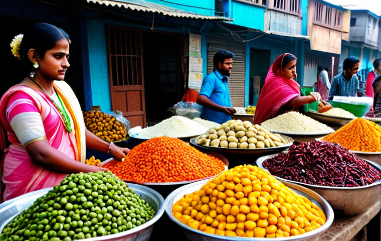 **

A vibrant, bustling scene at a local Bengali market (হাটের দৃশ্য).  Vendors are selling colorful dried fruits (শুকনো ফল) and vegetables (সবজি).  Focus on the textures and vibrant colors of the food.  People are dressed in traditional Bengali attire (শাড়ি, পাঞ্জাবি).  Warm, natural lighting.  Safe for work, appropriate content, fully clothed, family-friendly, professional photography, perfect anatomy, natural proportions.

**