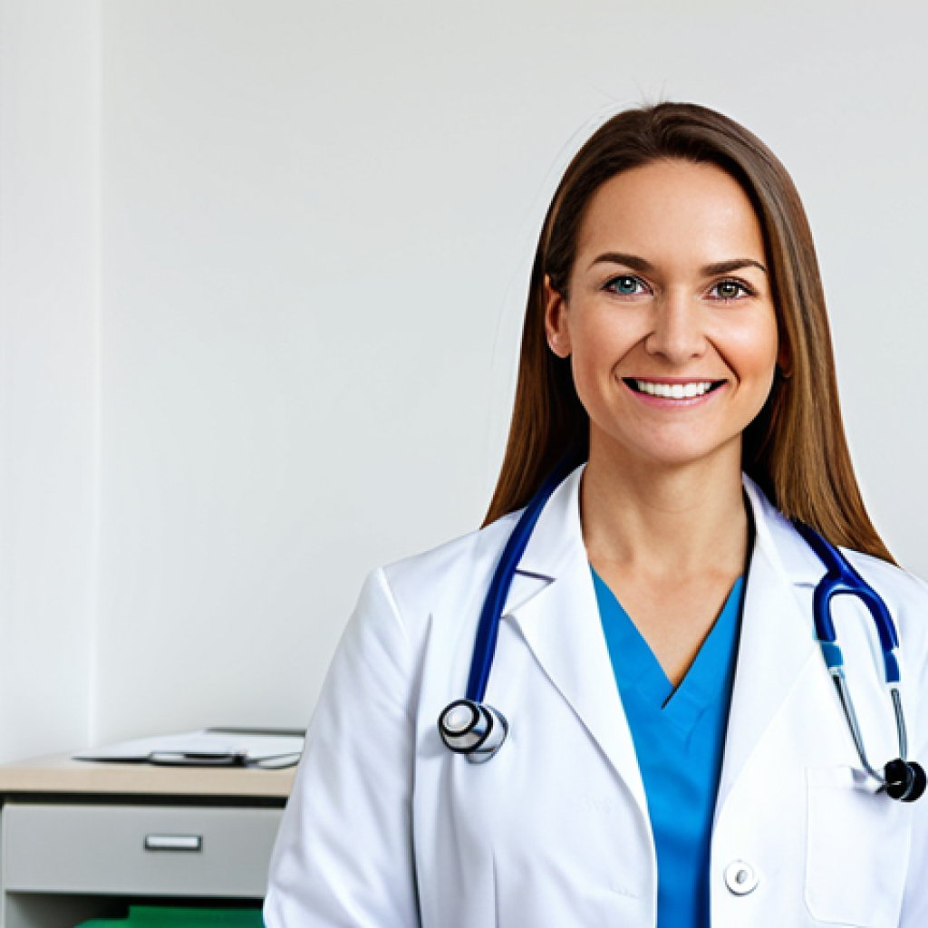 A professional female doctor in a clean and bright medical office, wearing a lab coat and stethoscope, fully clothed, appropriate attire, safe for work, perfect anatomy, natural proportions, friendly expression, family-friendly.
