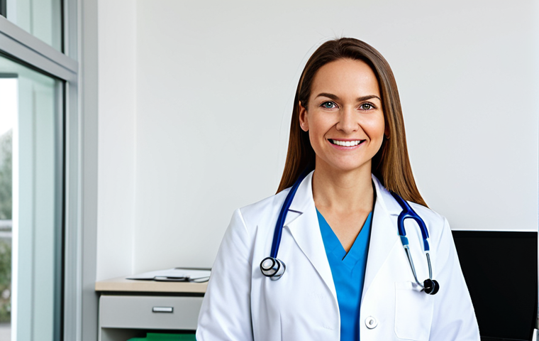 A professional female doctor in a clean and bright medical office, wearing a lab coat and stethoscope, fully clothed, appropriate attire, safe for work, perfect anatomy, natural proportions, friendly expression, family-friendly.