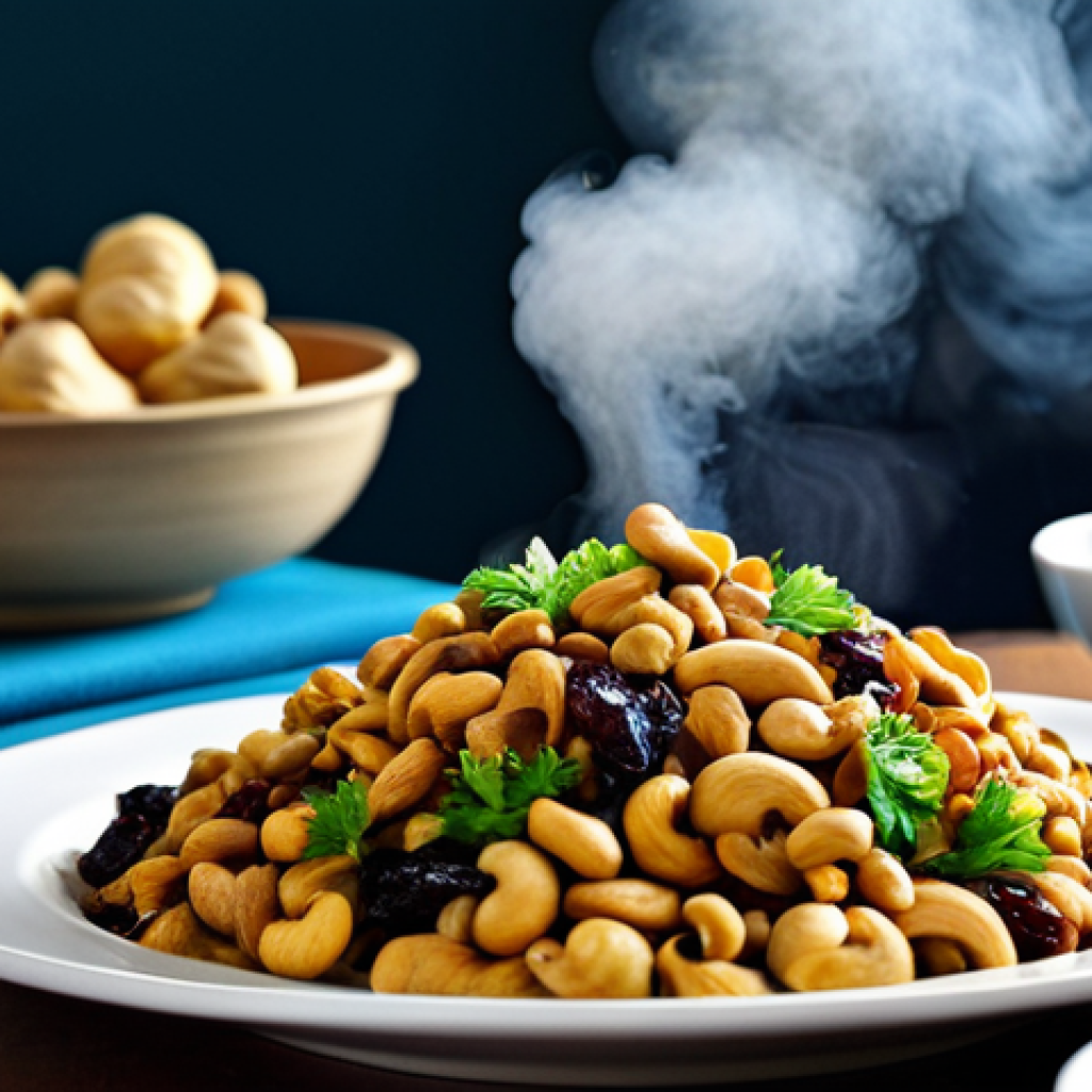 "A table setting with a bowl of steaming polao, garnished with cashews and raisins, next to a plate of alur dom. The scene is well-lit, showcasing the vibrant colors of the dishes. Safe for work, appropriate content, fully clothed, professional, modest, family-friendly, perfect anatomy, correct proportions, natural pose, well-formed hands, proper finger count, natural body proportions."