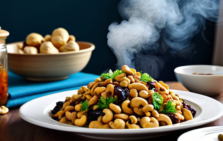 "A table setting with a bowl of steaming polao, garnished with cashews and raisins, next to a plate of alur dom. The scene is well-lit, showcasing the vibrant colors of the dishes. Safe for work, appropriate content, fully clothed, professional, modest, family-friendly, perfect anatomy, correct proportions, natural pose, well-formed hands, proper finger count, natural body proportions."