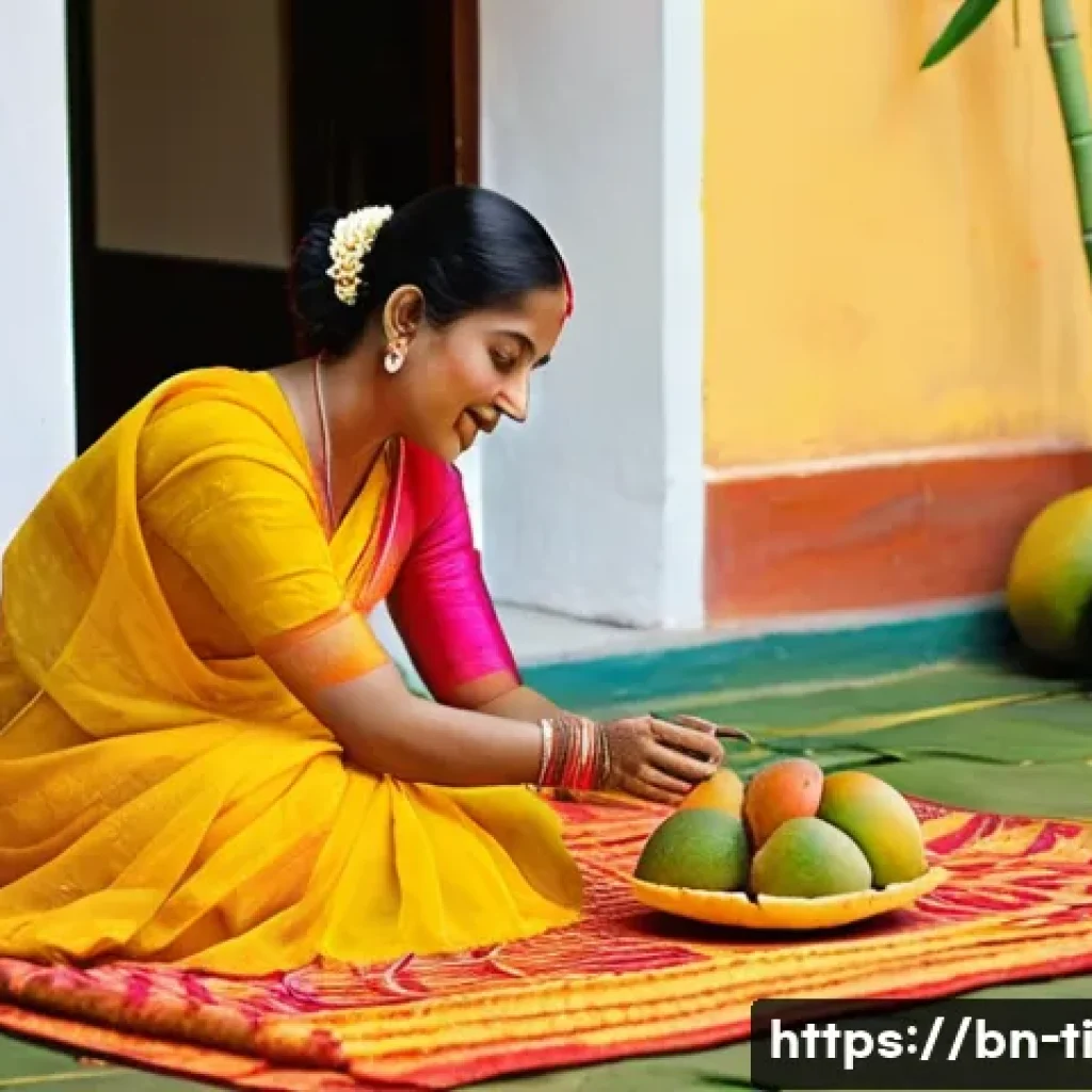 정통 한국식 건조 식품 제조법 - **Prompt:** "A brightly lit scene showcasing a woman in a traditional Bengali saree meticulously arr...