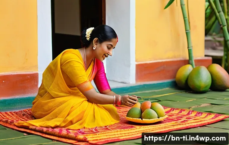 정통 한국식 건조 식품 제조법 - **Prompt:** "A brightly lit scene showcasing a woman in a traditional Bengali saree meticulously arr...