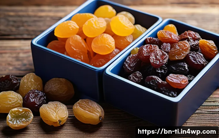 건조 식품의 영양성분 변화 이해하기 - A detailed, realistic close-up of dried fruits like amla and raisins arranged on a rustic wooden tab...