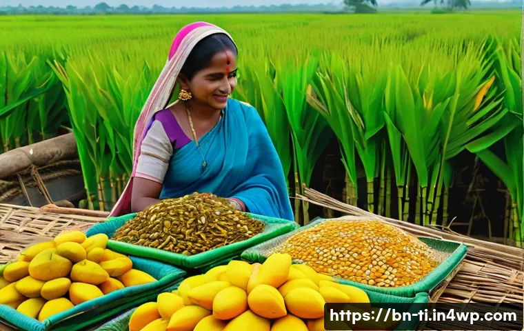 건조 식품 제조의 장점 및 활용 사례 - A vibrant outdoor scene showing traditional Bengali food drying under bright sunlight: ripe mangoes,...