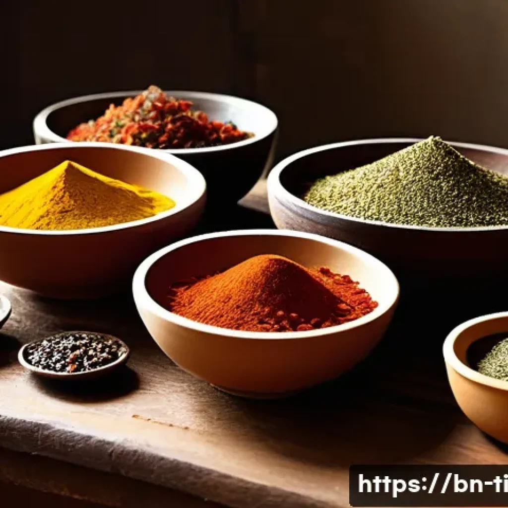 건조 식품의 다양한 활용법과 아이디어 - A vibrant and detailed kitchen scene featuring traditional Bengali dried spices and herbs such as dr...