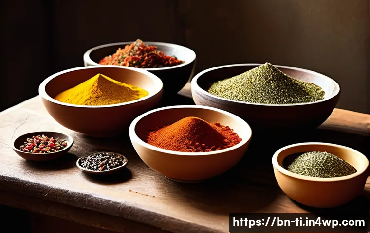 건조 식품의 다양한 활용법과 아이디어 - A vibrant and detailed kitchen scene featuring traditional Bengali dried spices and herbs such as dr...