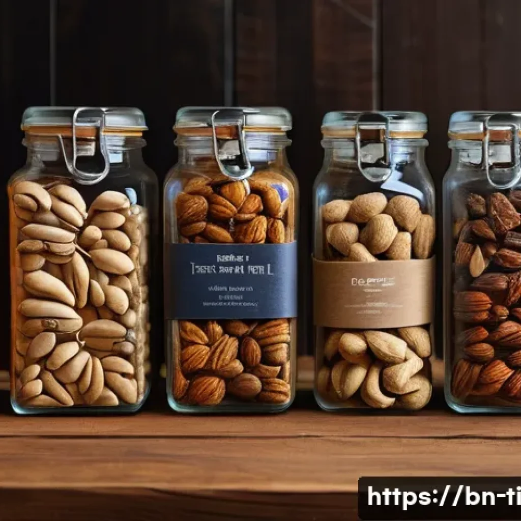 건조 식품의 품질 결정 요소 - A detailed close-up of various dried foods such as nuts, dried fruits, and dried fish, all neatly ar...