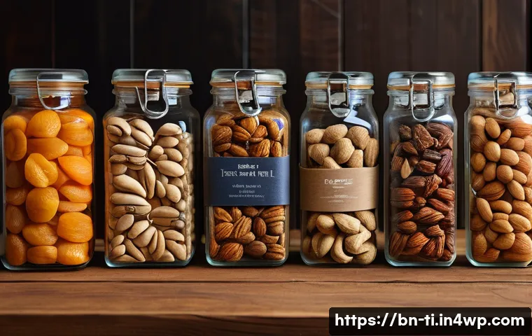 건조 식품의 품질 결정 요소 - A detailed close-up of various dried foods such as nuts, dried fruits, and dried fish, all neatly ar...