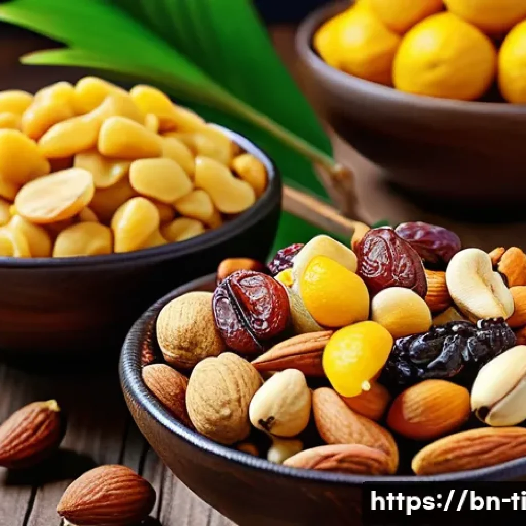 건조 식품을 활용한 파티 요리 아이디어 - A vibrant party scene featuring a colorful assortment of mixed dry fruits and nuts served in small b...