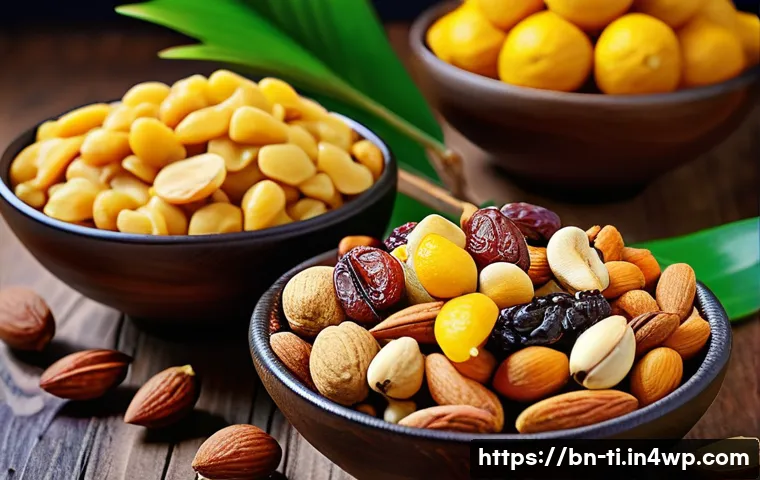 건조 식품을 활용한 파티 요리 아이디어 - A vibrant party scene featuring a colorful assortment of mixed dry fruits and nuts served in small b...