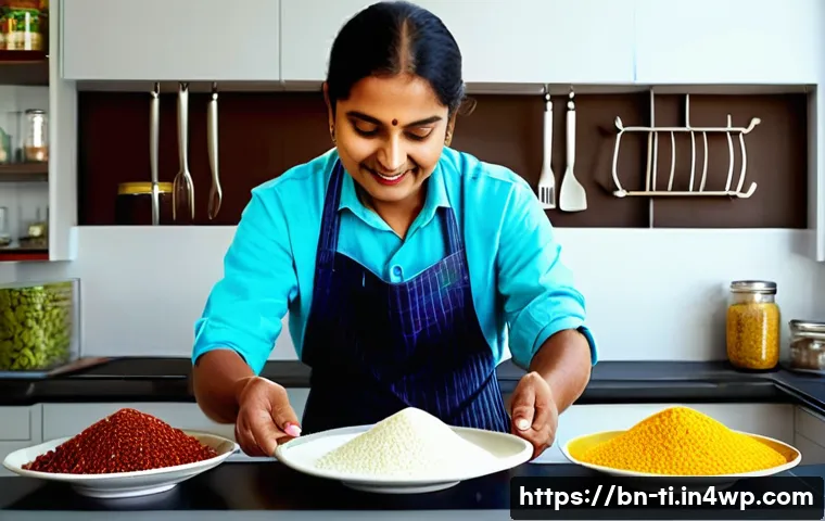 글루텐 프리 건조 식품 제조법 - A vibrant, detailed kitchen scene showing a Bengali cook preparing gluten-free dry snacks using natu...