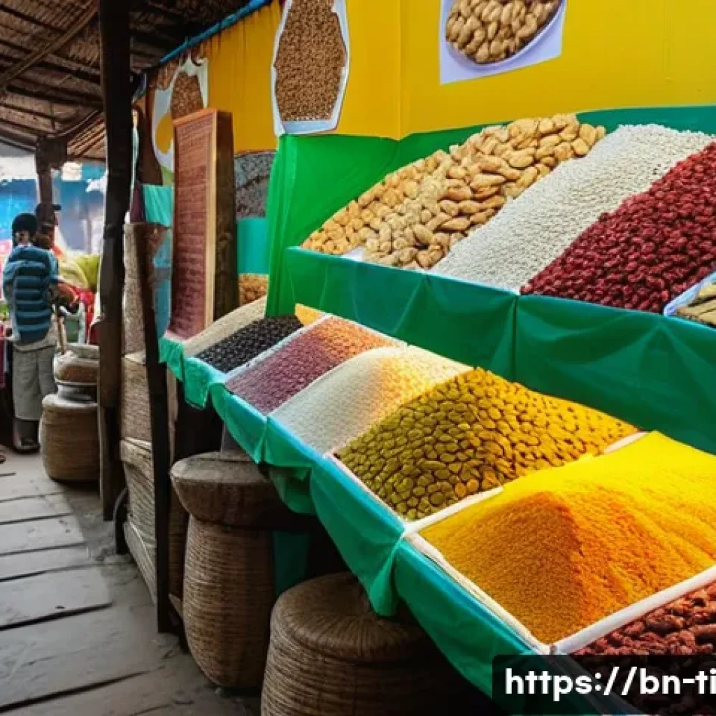 건조 식품의 시장 조사와 소비자 분석 - A vibrant, detailed market scene in Bangladesh showcasing a variety of dried foods prominently displ...