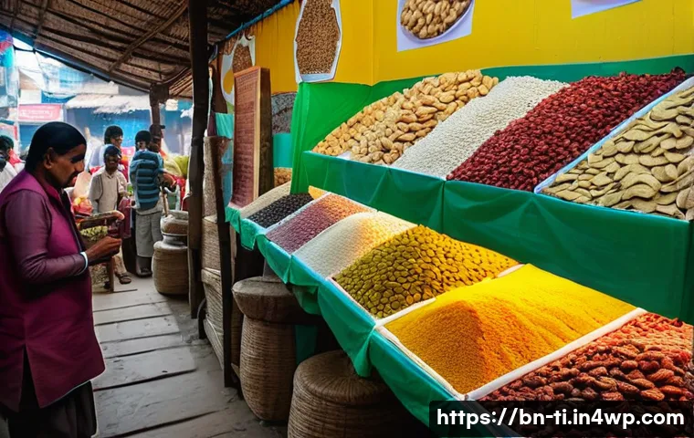 건조 식품의 시장 조사와 소비자 분석 - A vibrant, detailed market scene in Bangladesh showcasing a variety of dried foods prominently displ...