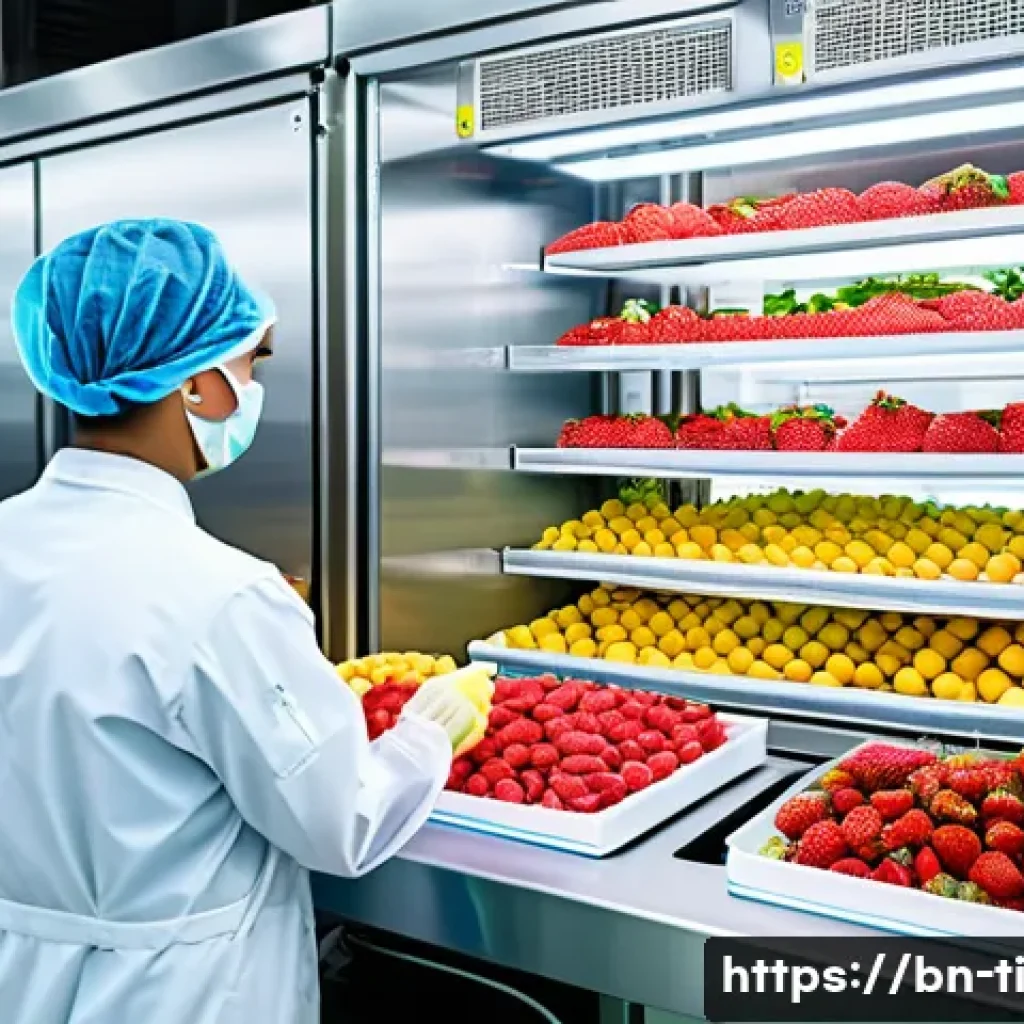 건조 식품 제조를 위한 혁신적인 기술 소개 - A high-tech freeze-drying machine in a clean, modern food processing facility, showing vibrant fresh...