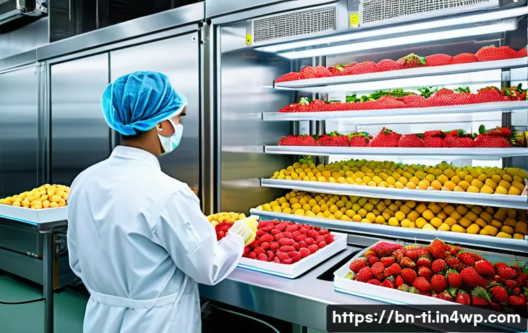 건조 식품 제조를 위한 혁신적인 기술 소개 - A high-tech freeze-drying machine in a clean, modern food processing facility, showing vibrant fresh...