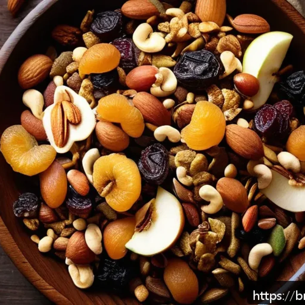 주말에 시도할 수 있는 건조 식품 제조법 - A vibrant, top-down view of a homemade healthy snack mix featuring an assortment of dried fruits and...