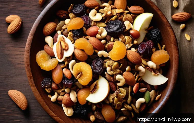 주말에 시도할 수 있는 건조 식품 제조법 - A vibrant, top-down view of a homemade healthy snack mix featuring an assortment of dried fruits and...