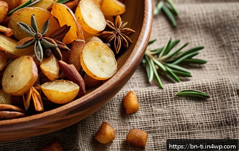 건조 식품의 새로운 맛을 찾다 - A close-up, high-resolution image of a vibrant dry snack mix featuring golden, crunchy dry fried pot...