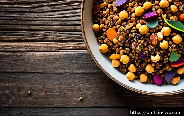 비건을 위한 건조 식품 레시피 - A vibrant close-up image of a colorful vegan dry food mix featuring dried lentils (masoor dal and ch...