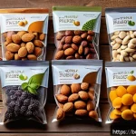 Home 19 건조 식품과 관련된 소비자 트렌드 분석 - A vibrant and detailed close-up of assorted organic dry fruits and nuts displayed in eco-friendly bi...