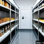 Home 18 건조 식품의 보관법과 유통 방법 - A professional and clean storage room designed for dry food preservation, featuring neatly arranged ...