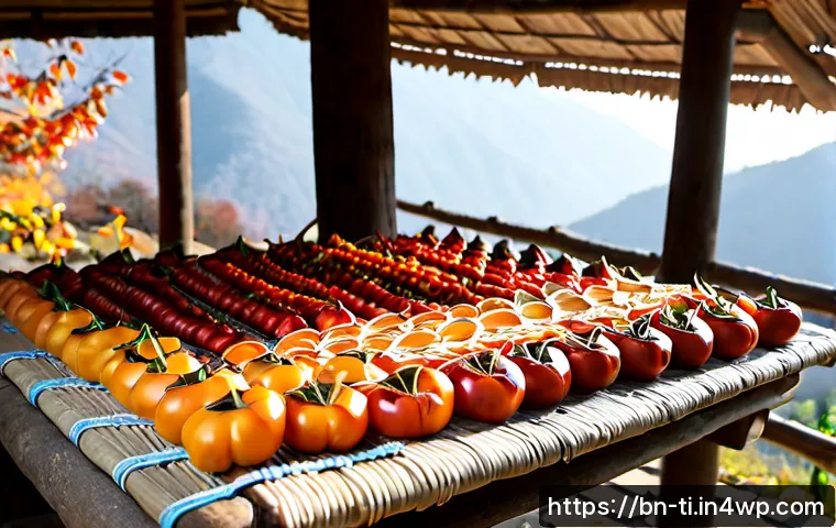 Home 17 한국 전통 건조 식품 제조 방법 - Photorealistic traditional Korean food drying scene, thinly sliced persimmons and red chili peppers ...