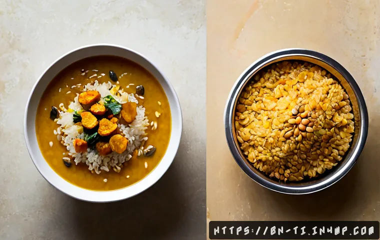 건조 식품을 활용한 간편한 요리법 - Photorealistic overhead view of a simple Bengali home kitchen meal prepared with dried foods: fluffy...